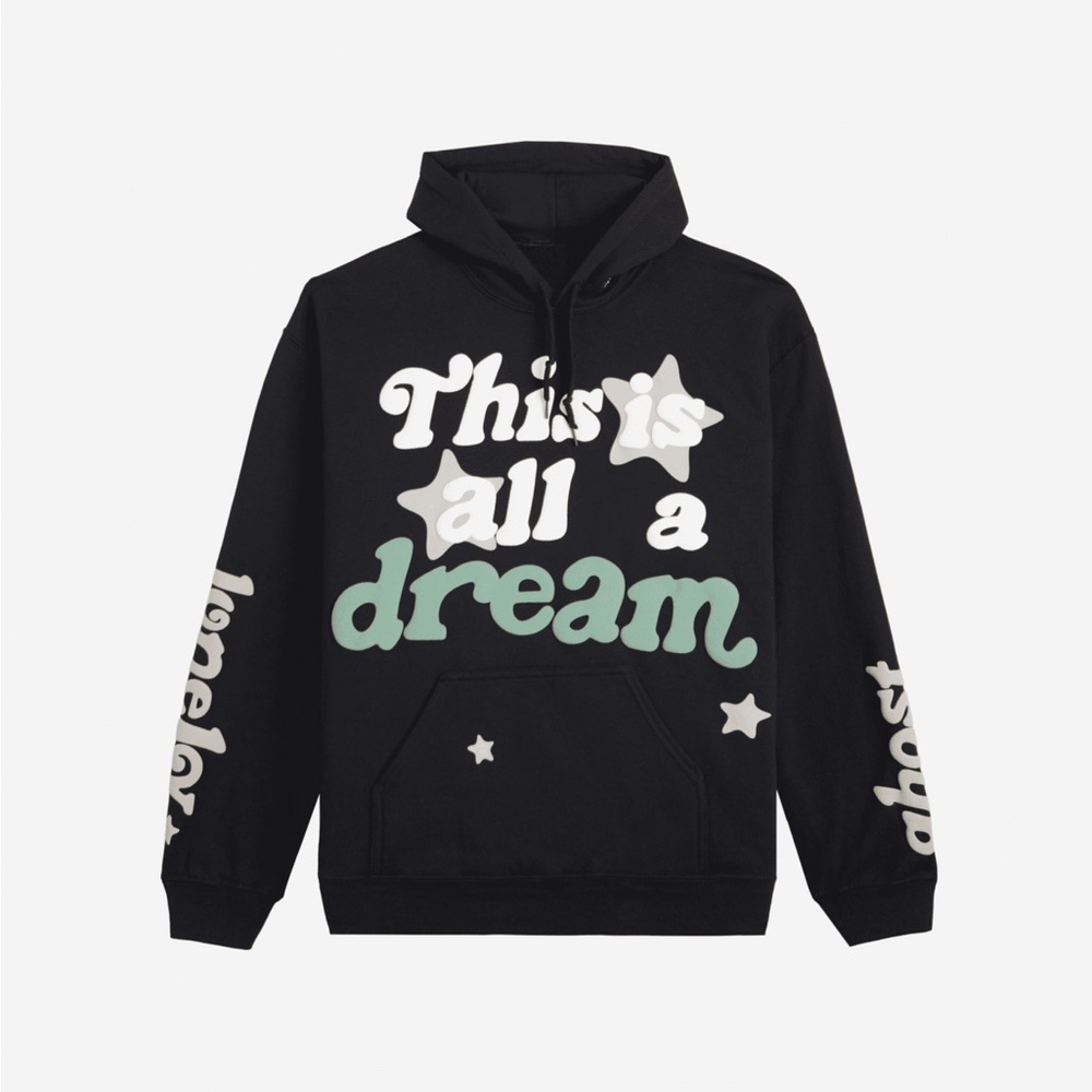 LONELY GHOST Black Hoodie with White and Mint Graphic